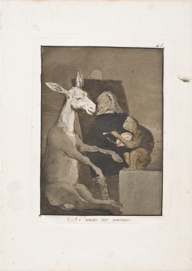 A color print of a donkey sitting for a monkey who is painting their portrait