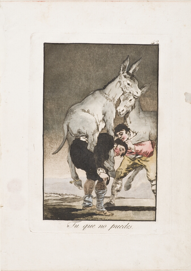 A color print of two men carrying a donkey on each back