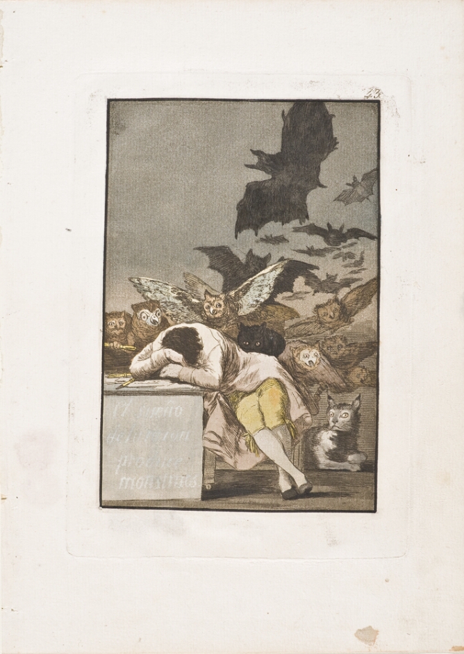 A color print of a man sleeping, resting his head in his arms on a desk beside him. A lynx crouches on his back, and another lynx lies on the ground, while owls and bats fly behind him. On the front of the desk, an inscription of the title