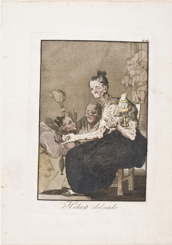 A color print of a seated older woman with an elongated neck spinning thread next to two figures. Behind her, bound child-like figures hang