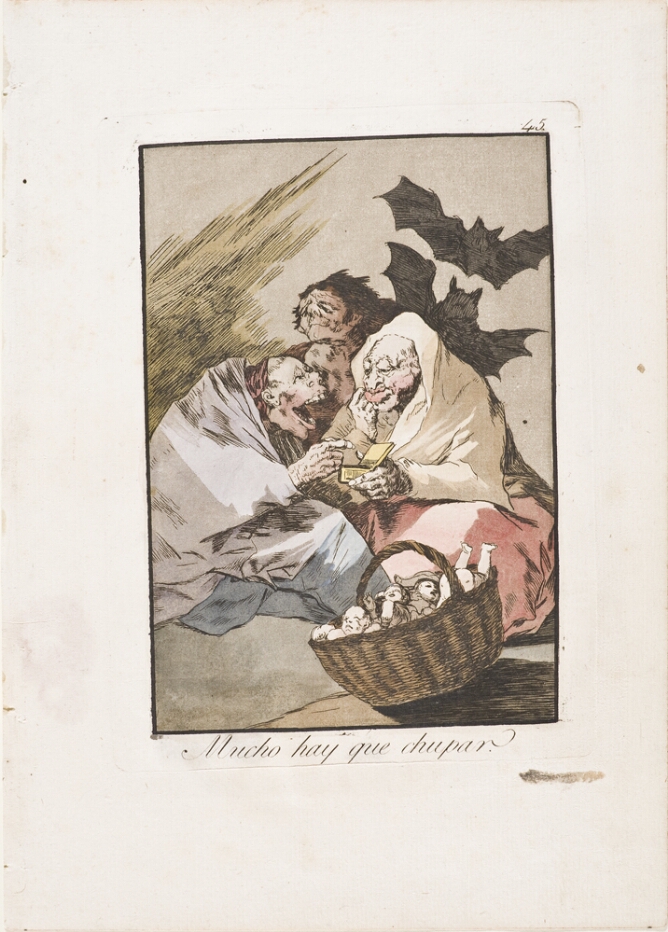 A color print of three grotesque figures. One offers an open container to another, while a third figure watches, as bats fly behind them. In the foreground, a basket full of tiny babies