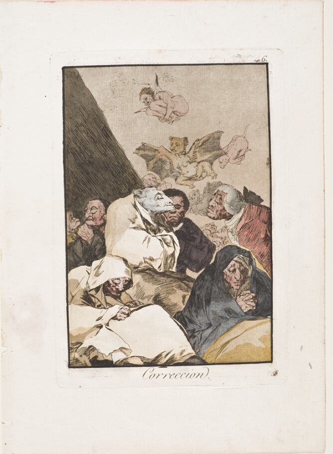 A color print of a seated figure with an animal head staring at a man before him. Two hooded figures sit facing away from them, while creatures fly above