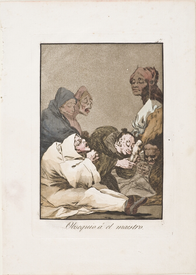 A color print of an older woman bent over, holding a tiny standing baby next to her cheek, while a hooded older figure sits on the ground beside her and other figures watch