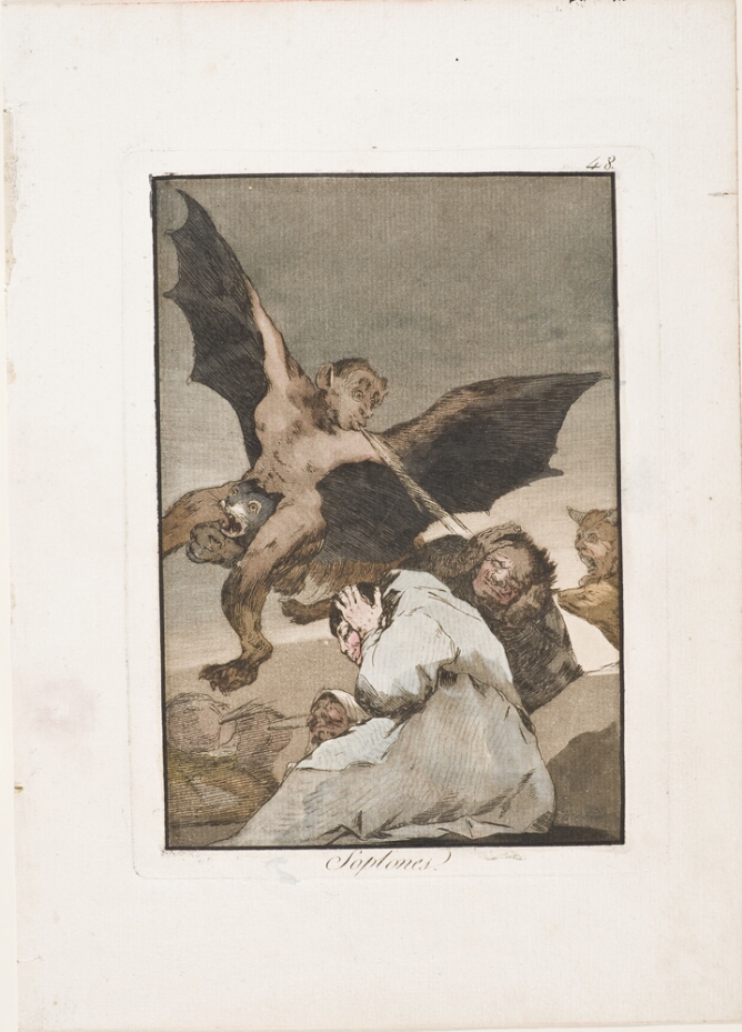 A color print of figures covering their ears as a bat-like creature, riding an animal, spews wind at them