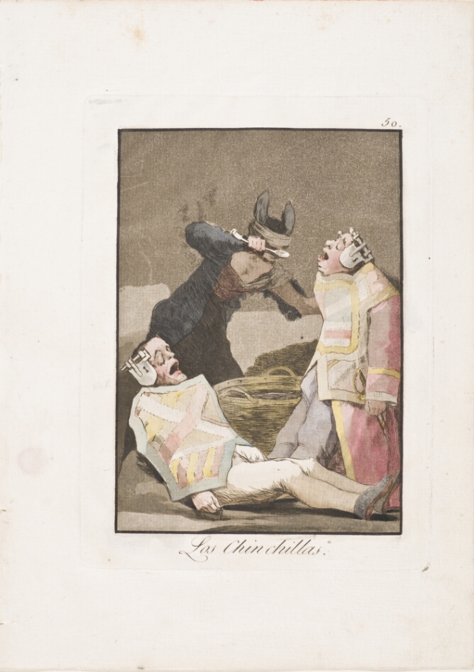 A color print of two figures with padlocked ears, one standing and the other sitting back, wearing straight jacket-like garments featuring coat of arms, being fed by a standing figure with donkey ears