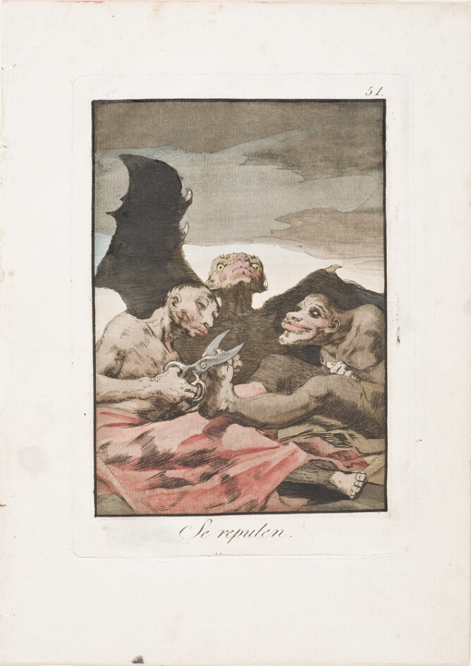 A color print of two seated grotesque figures, one cutting the toenail of the other with scissors. Behind them, a winged creature rises