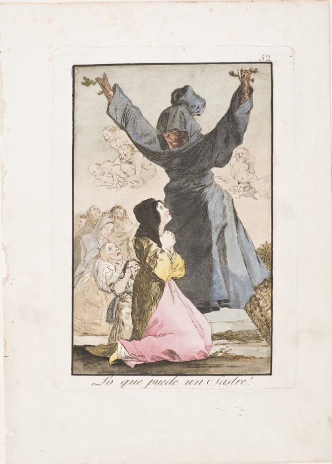 A color print of a young woman kneeling before a hooded tree trunk disguised as a menacing figure standing over her, with figures in the background
