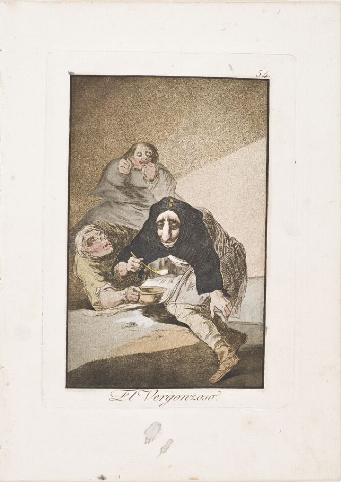 A color print of a cloaked figure with a long nose bending over a lying figure to eat from a bowl, while another figure watches