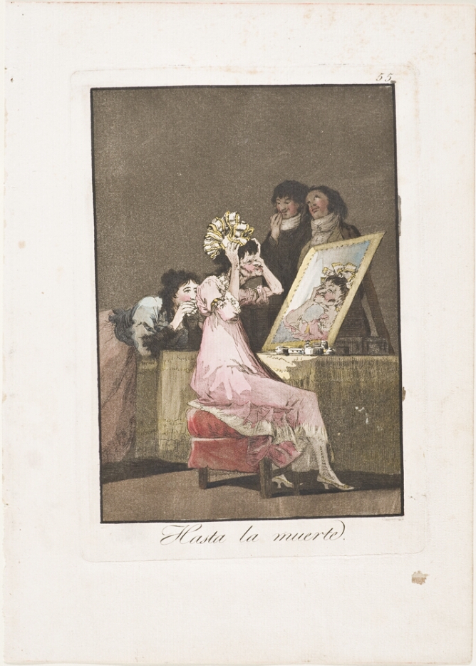 A color print of an older woman in a pink dress sitting before a mirror trying on a headpiece, as figures watch