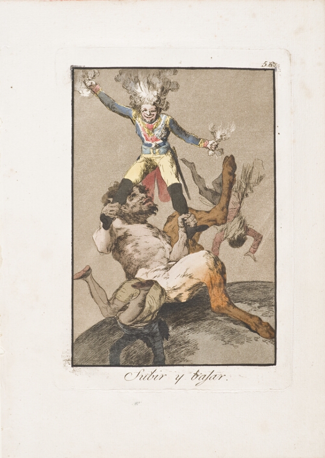 A color print of a seated satyr, a half-man, half-goat mythological creature, holding the legs of a standing figure, as other figures fall from above