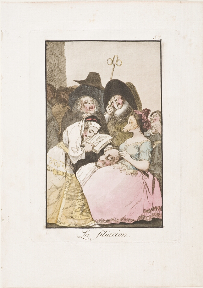 A color print of a woman wearing an animal mask touching a man's head on her lap. She is seated in front of a standing figure holding a book and a writing instrument, with grotesque figures to their side