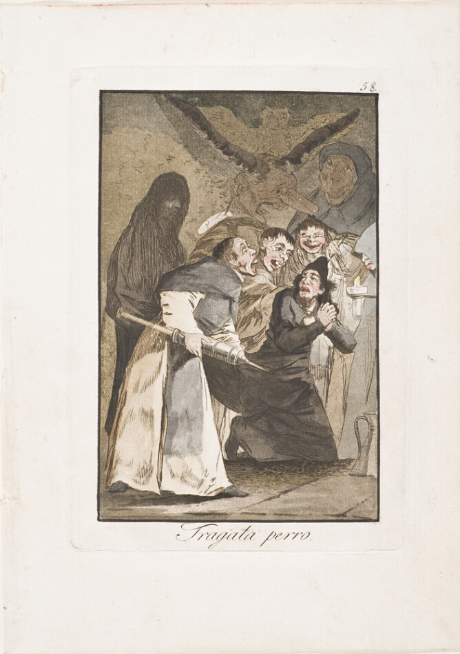 A color print of a standing man with an angry expression holding a giant syringe, while a veiled figure and other figures witness. A horned head watches over them