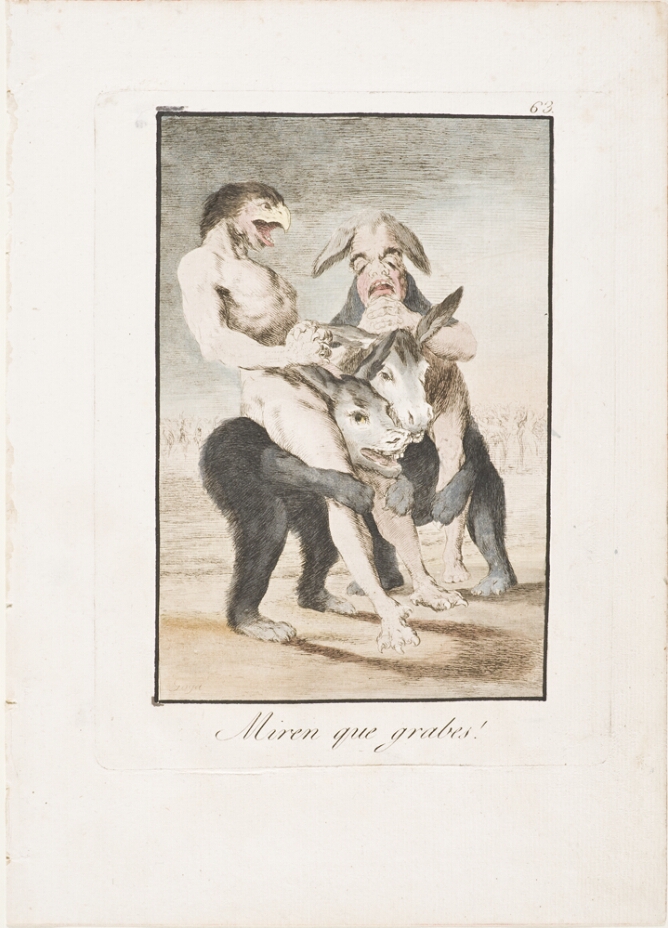 A color print of two figures, one with a bird's head, the other with donkey ears, riding on half-donkey creatures