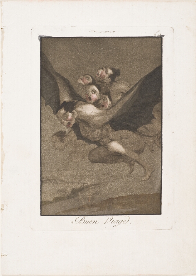 A hazy color print of four figures on the back of a grotesque figure with bat-like wings