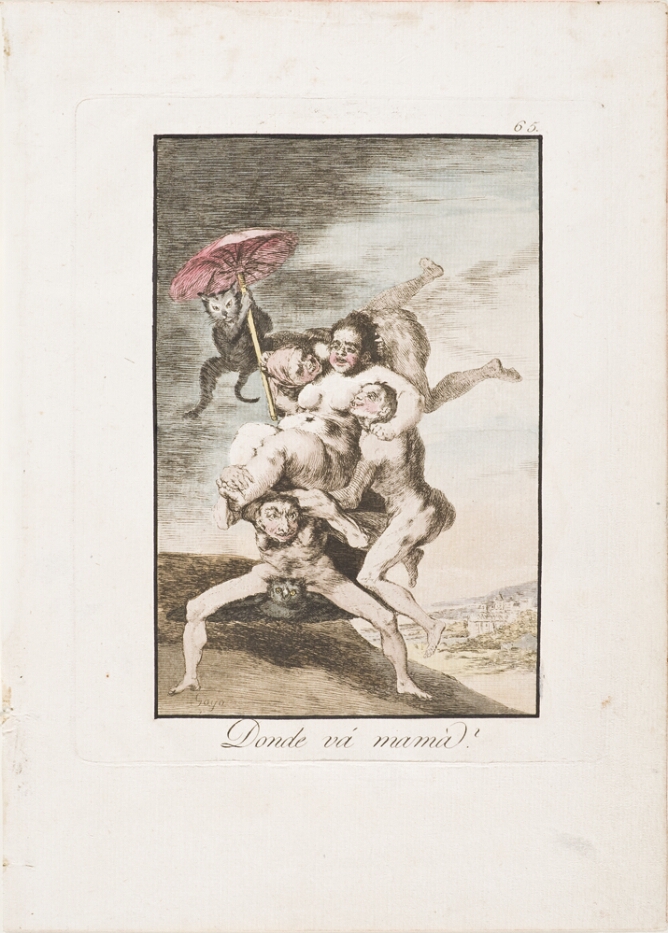 A color print of a nude, full-figured woman being carried by other nude figures in an outdoor setting. Below, an owl supports them, and to their side, a cat holds a parasol