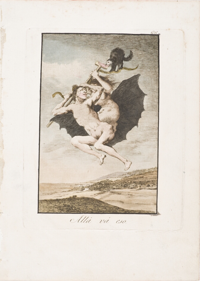 A color print of a nude woman holding a crutch, on the back of another nude woman, flying above a landscape with bat-like wings, accompanied by a cat and a snake