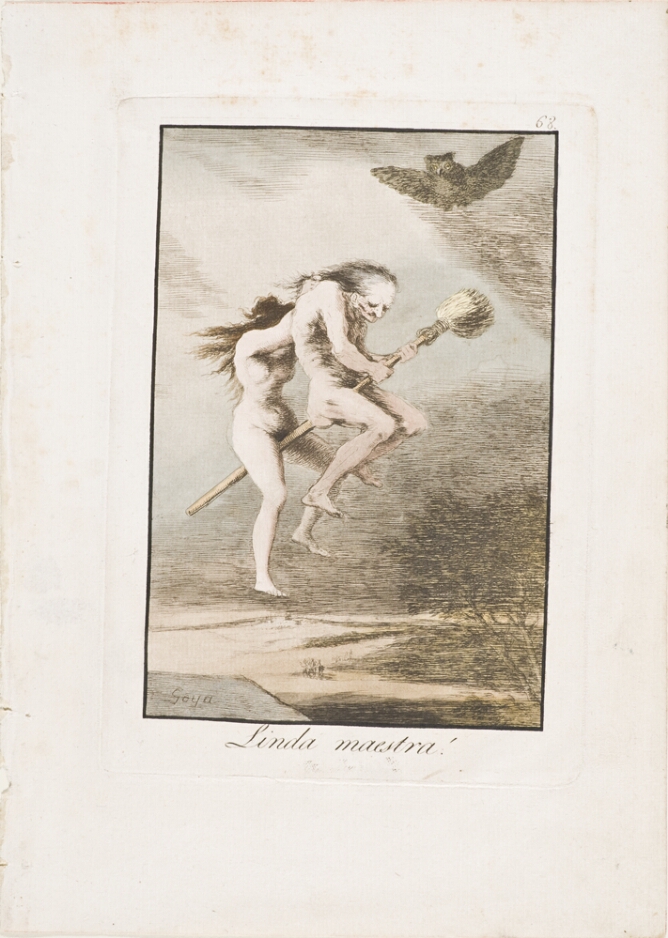 A color print of a nude older woman and a nude young woman riding on a broomstick above a landscape. An owl flies above them