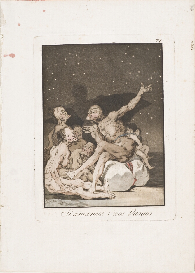 A color print of a group of grotesque figures sitting under a starry night sky. One sits on a rock facing others seated on the ground, gesturing upwards. In the background, a shadow of a winged figure
