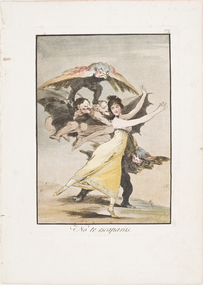 A color print of a woman standing gracefully on one foot with winged figures and creatures around her