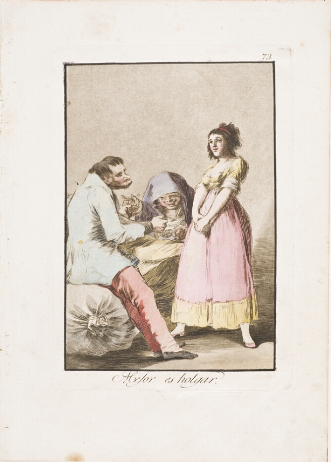 A color print of a woman standing before a man sitting on a sack. An older woman sits beside them