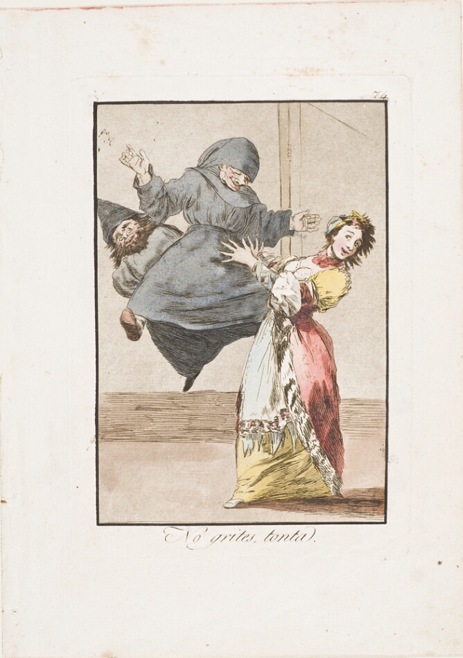 A color print of a standing woman frightened by two floating figures, one wearing a conical hat