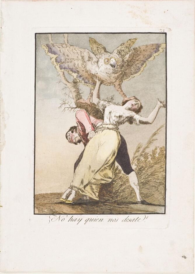A color print of a man and woman tied together at the waist with rope. The man tries to break free as a giant owl with glasses steps on the woman's head