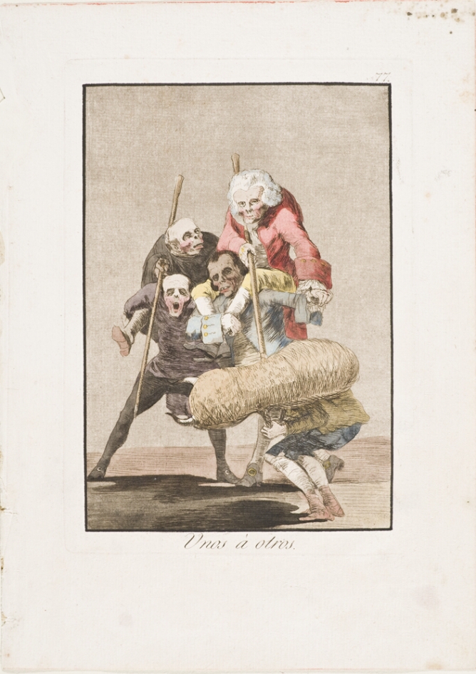 A color print of figures with skull-like heads, two of them holding sticks on the shoulder of the other two figures. Another figure crouches before them wearing a basket-like object with horns over their upper body