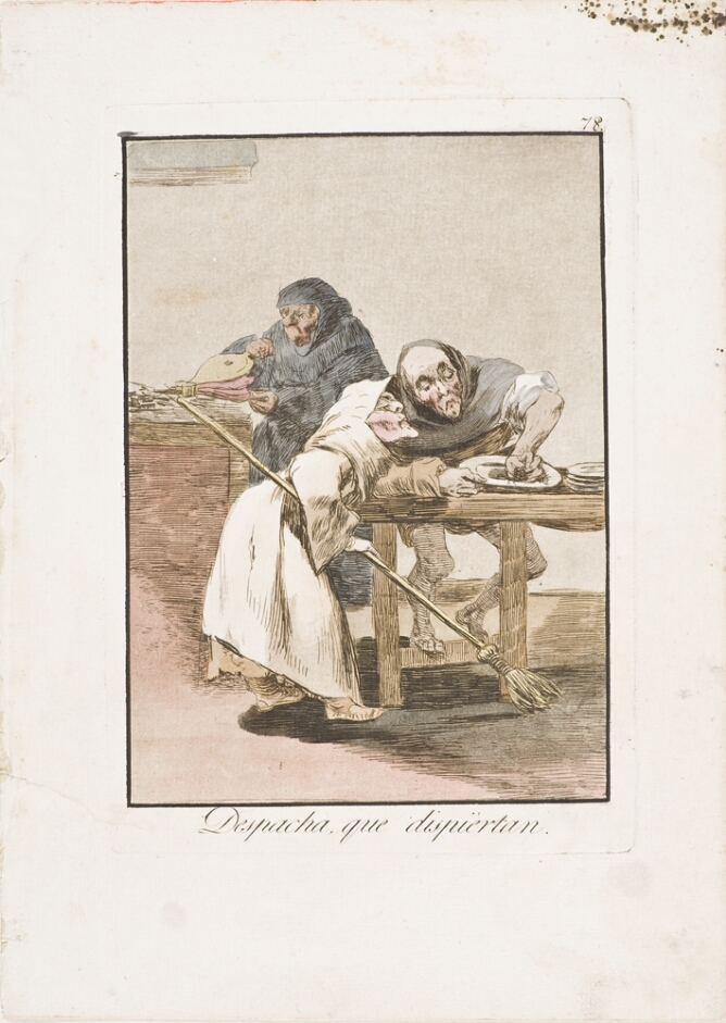 A color print of a figure holding a broom next to another figure washing dishes, while a third figure uses a bellows behind them
