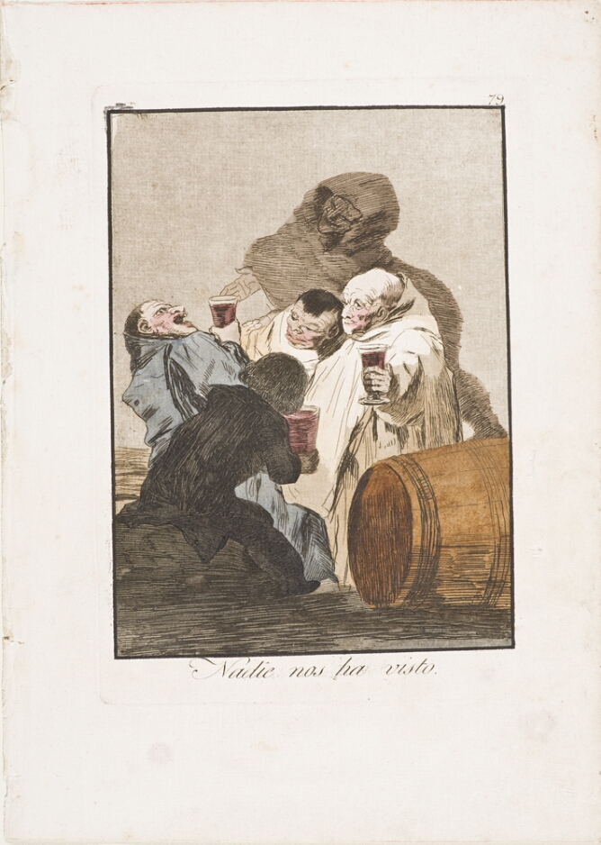 A color print of cloaked figures drinking by a wine barrel, as a shadowy cloaked figure in the background watches over them