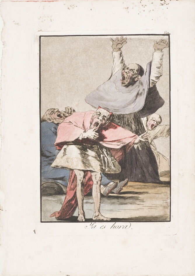 A color print of grotesque figures crying out in distress. One stands in a short skirt facing the viewer as another stands behind with arms raised
