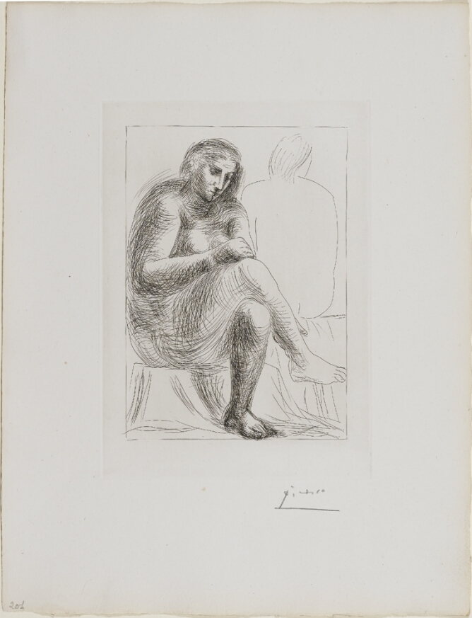A black and white print of a woman sitting with legs crossed, rendered with heavy shading. Behind her, an outline of a figure's backside