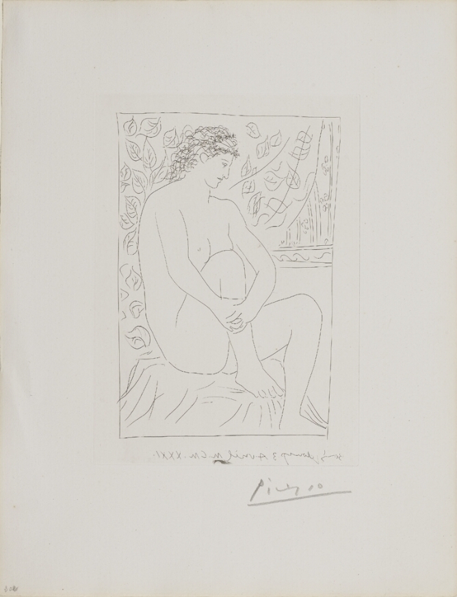 A black and white print of a nude figure sitting with arms wrapped around one knee in front of a curtain with decorative leaves