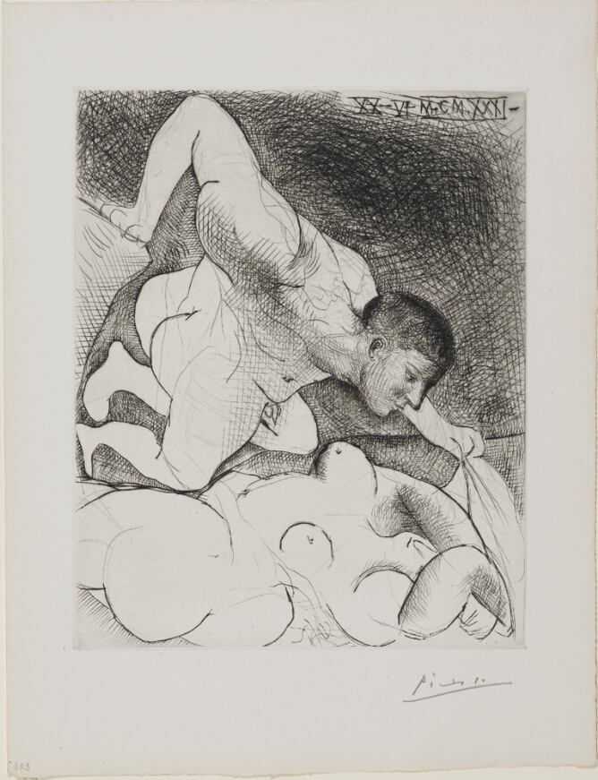 A black and white, abstract print of a kneeling nude man, whose face is rendered in detail, lifting a cloth from the face of a reclining nude woman