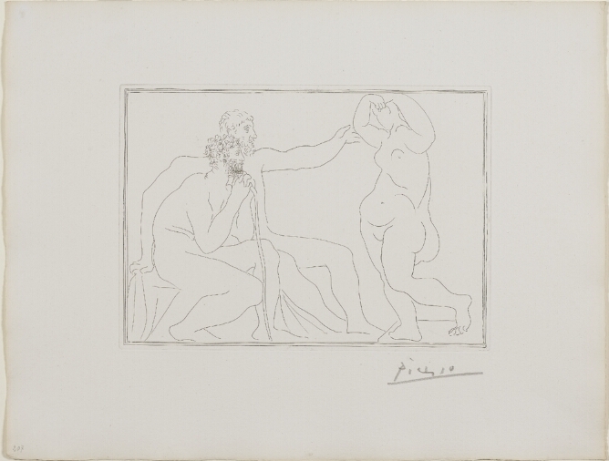 A black and white print of two nude men sitting in front of a standing nude female sculpture
