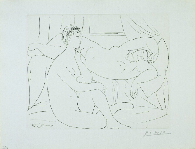 A black and white print of a nude woman sitting next to a reclining nude woman