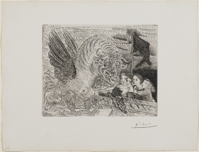 A black and white, intricately rendered print of a horned creature with wings, facing four young girls huddled together on a tower with a black flag