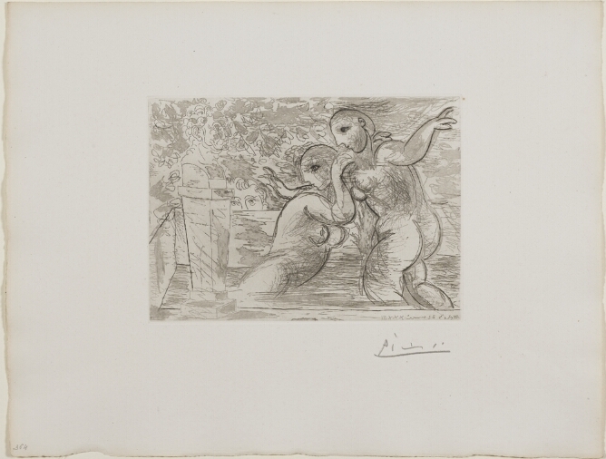 A black and white print of two nude women standing in a bath, while a head peers over a ledge by a sculpture on a pedestal