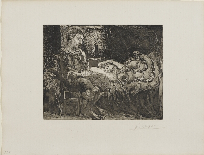 A black and white print of a seated boy watching a reclining nude woman sleep, with a candle glowing in the background