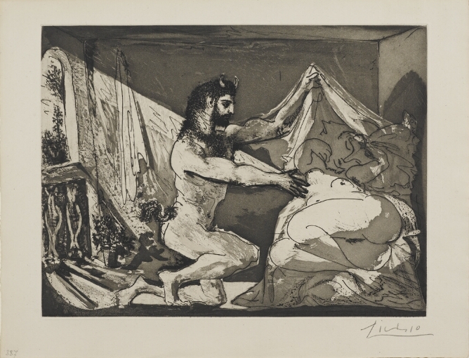 A black and white print of a kneeling figure with horns and a tail lifting a sheet, revealing a sleeping nude woman