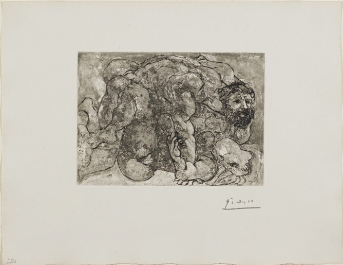 A black and white, abstract print of a nude man forcibly pinning down a struggling nude woman lying beneath him