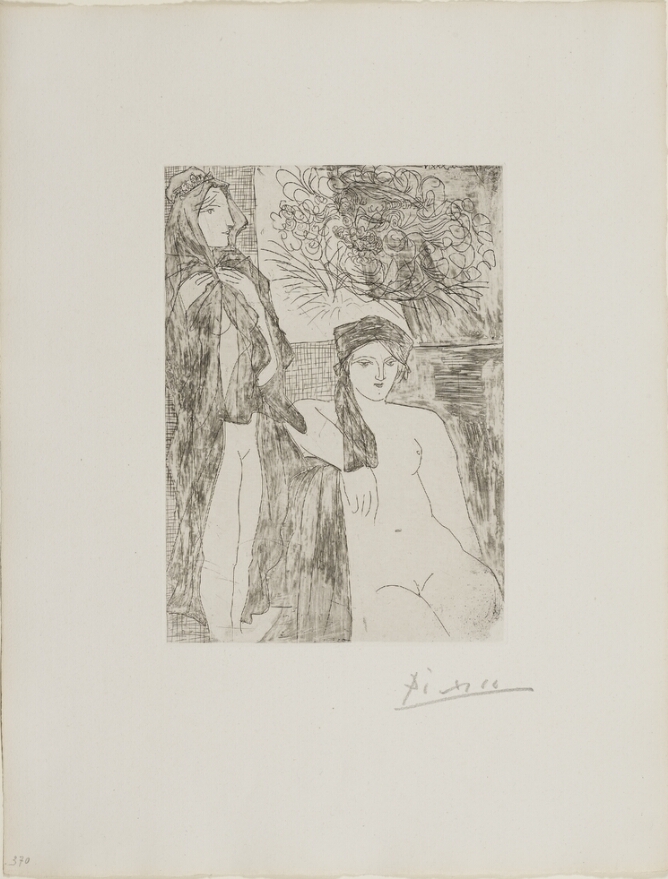 A black and white print of a nude woman with a cloth over her head and body, standing next to a seated nude woman with a scarf around her head. Behind them, an abstract portrait of a man's head