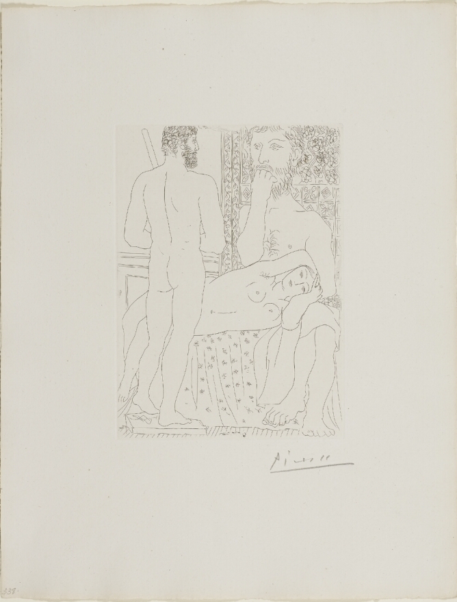 A black and white print of a nude man seen from the back, standing in front of a man with a disproportionately large head who is sitting with a reclining nude woman on his lap