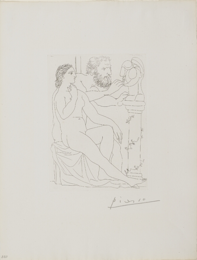 A black and white print of a nude woman sitting beside a man touching a sculpture of an abstract head on a pedestal