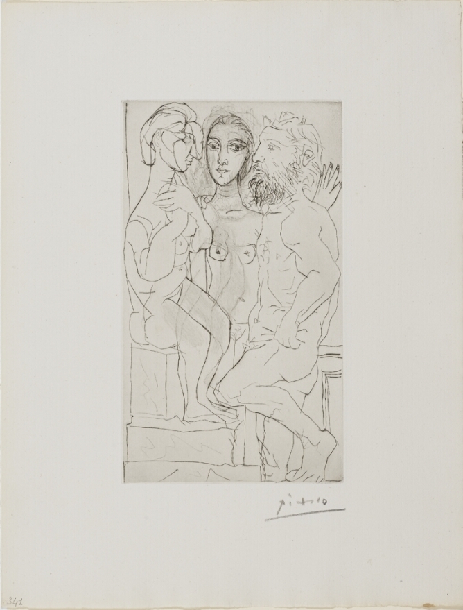 A black and white print of a nude man standing in front of a sculpture of a seated nude woman with an abstract head, while another nude woman stands between them