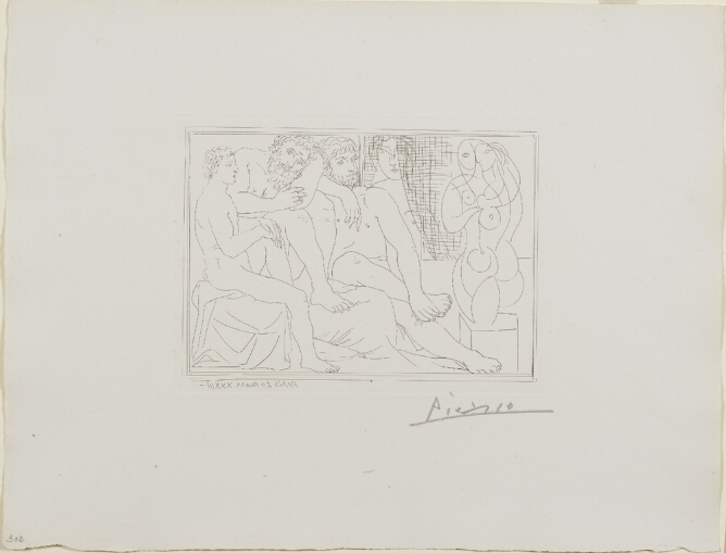 A black and white print of two nude men sitting by a nude woman, each of them looking at a posed sitting nude man and an abstract sculpture of a nude woman