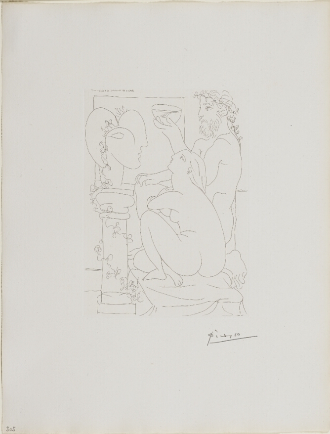 A black and white print of a kneeling man holding a bowl beside a sitting nude woman who is looking up at a sculpture of an abstract head on a pedestal