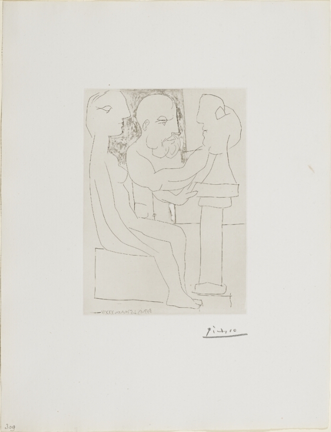 A black and white print of a man, shown from the waist up, working on an abstract sculpture head next to a seated nude woman