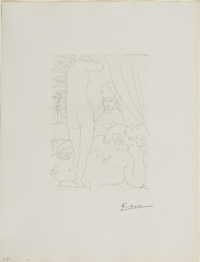 A black and white print of a reclining nude man looking up at a standing nude sculpture, seen from the back. A nude woman with a mask on top of her head reclines beside him