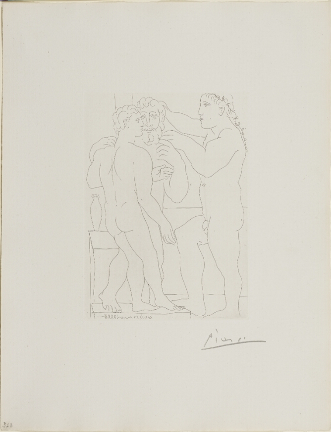A black and white print of a standing nude man touching the head of one of two sculpted men standing before him