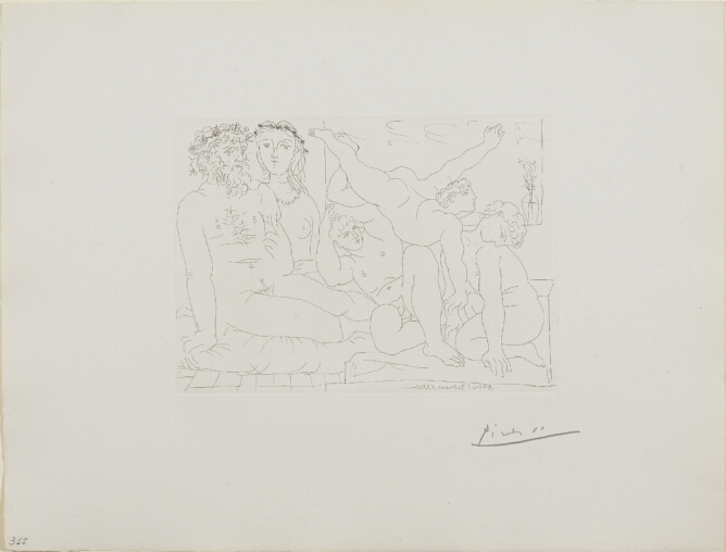 A black and white print of a nude man and a nude woman sitting by a group of figures, with one of the figures balancing in the air supported by one hand on another figure's knee
